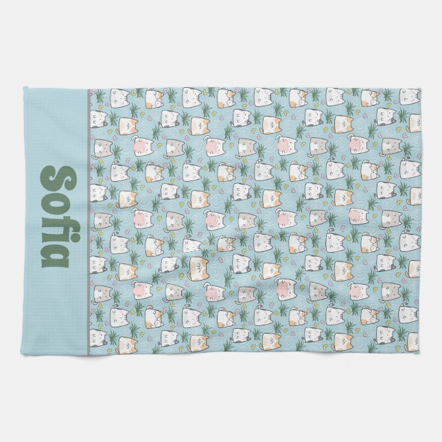Cute kawaii kitty pattern azure blue name tea towel (Horizontal)
