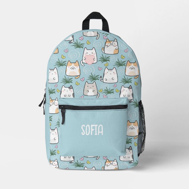 Cute kawaii kitty pattern azure blue printed backpack (Front)