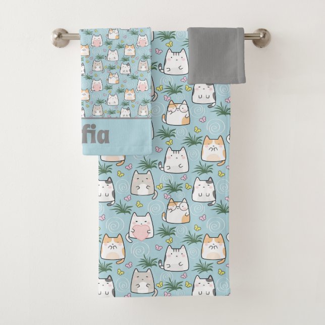 Cute kawaii kitty pattern grey blue name bath towel set (Insitu)