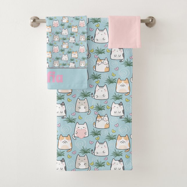 Cute kawaii kitty pattern pink blue name bath towel set (Insitu)