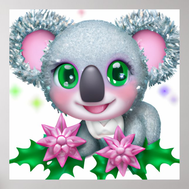 Cute Kawaii Koala Bear with Flowers Poster (Front)
