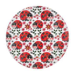 Cute Kawaii Ladybug Floral Seamless Pattern Hand Cutting Board