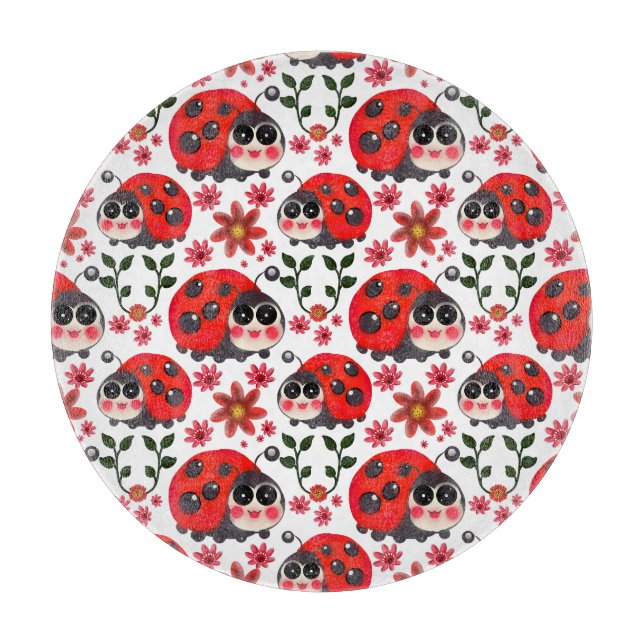 Cute Kawaii Ladybug Floral Seamless Pattern | Hand Cutting Board (Front)