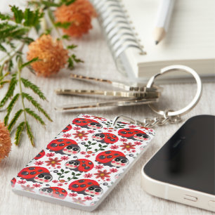 Cute Kawaii Ladybug Floral Seamless Pattern Hand Key Ring
