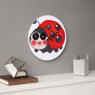 Cute Kawaii Ladybug Hand Drawn Happy Ladybird Large Clock
