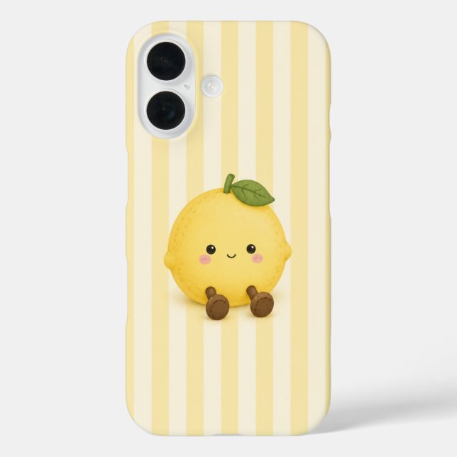 Cute Kawaii Lemon on Yellow Stripes iPhone Case (Back)
