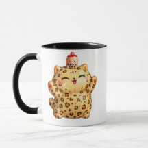 Cute Kawaii Leopard Cat with Boba Tea Mug