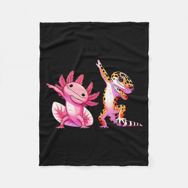 Cute Kawaii Leopard Gecko Dabbing Axolotl Friends  Fleece Blanket (Front)