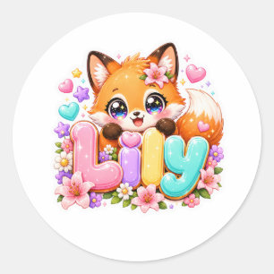 Cute Kawaii Lily Fox Name Pastel Pink Floral Woodl Classic Round Sticker