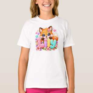 Cute Kawaii Lily Fox Name Pastel Pink Floral Woodl T-Shirt