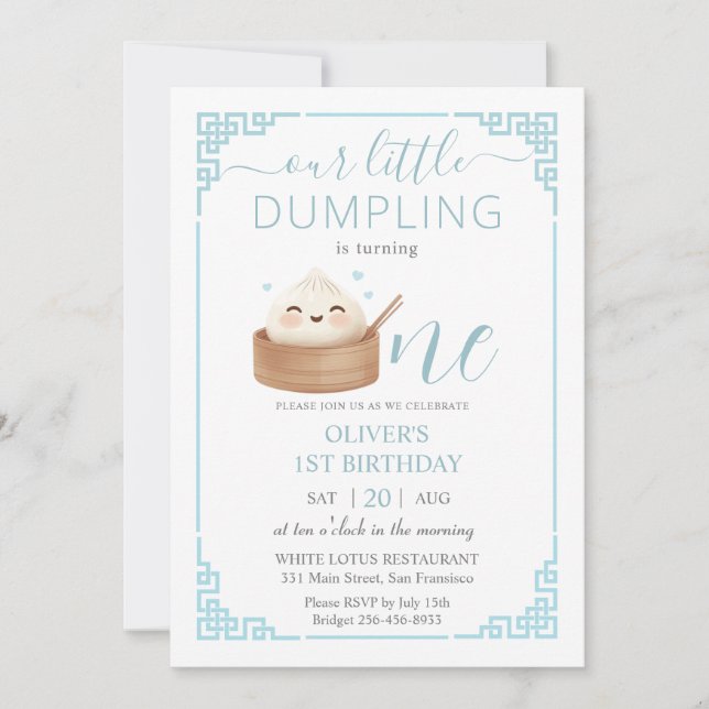 Cute Kawaii Little Dumpling Bun Blue 1st Birthday Invitation (Front)