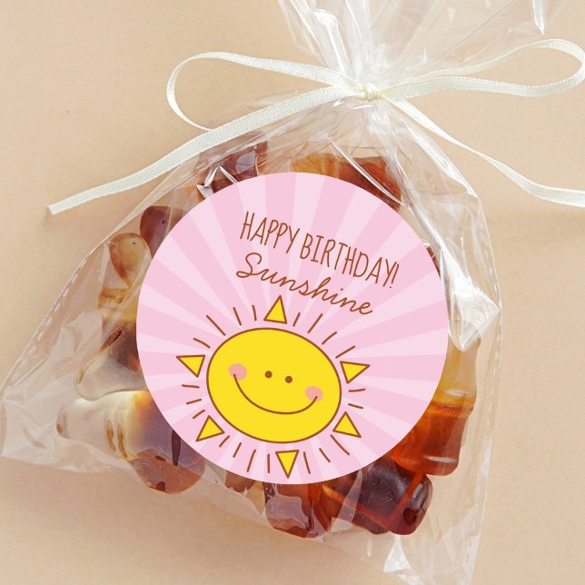Cute Kawaii Little Sunshine Pink Happy Birthday Classic Round Sticker (Creator Uploaded)
