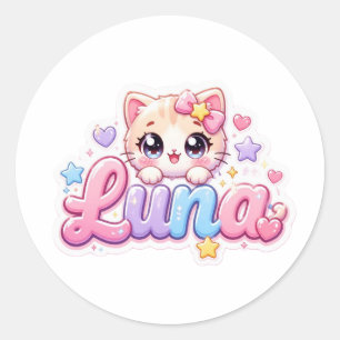 Cute Kawaii Luna Cat Name Pastel Pink Sparkling Ki Classic Round Sticker