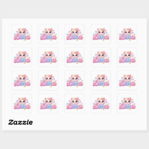 Cute Kawaii Luna Cat Name Pastel Pink Sparkling Ki Square Sticker