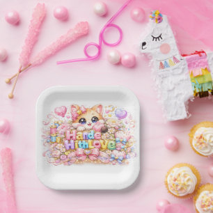 Cute Kawaii Made With Love Cat Name Pastel Pink Fl Paper Plate