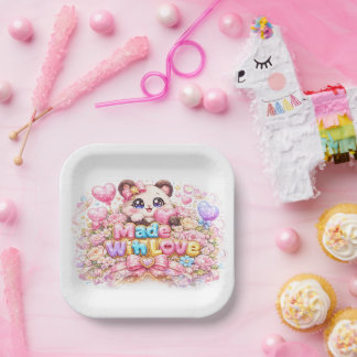 Cute Kawaii Made With Love Cat Name Pastel Pink Fl Paper Plate