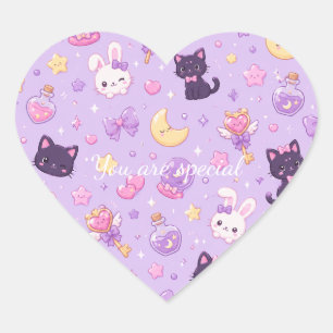 Cute Kawaii Magic Cats Pattern Pastel Witchy Heart Sticker