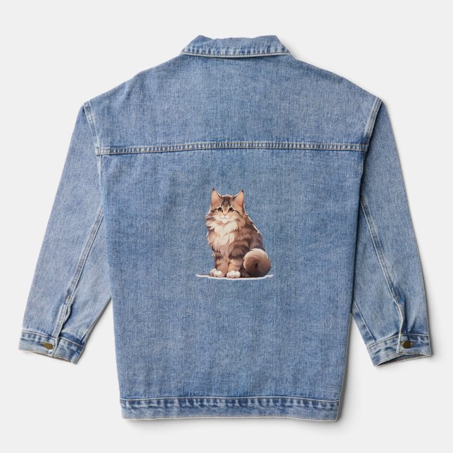 Cute Kawaii Maine Coon Big Cat   Denim Jacket (Back)