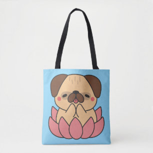 Cute Kawaii Meditating Pug Lotus Flower Zen Dog Tote Bag