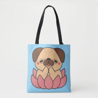 Cute Kawaii Meditating Pug Lotus Flower Zen Dog Tote Bag