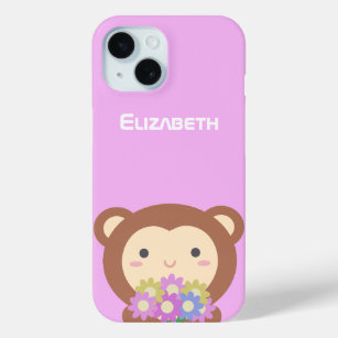 Cute Kawaii Monkey and Flowers Purple Pink Name iPhone 15 Case