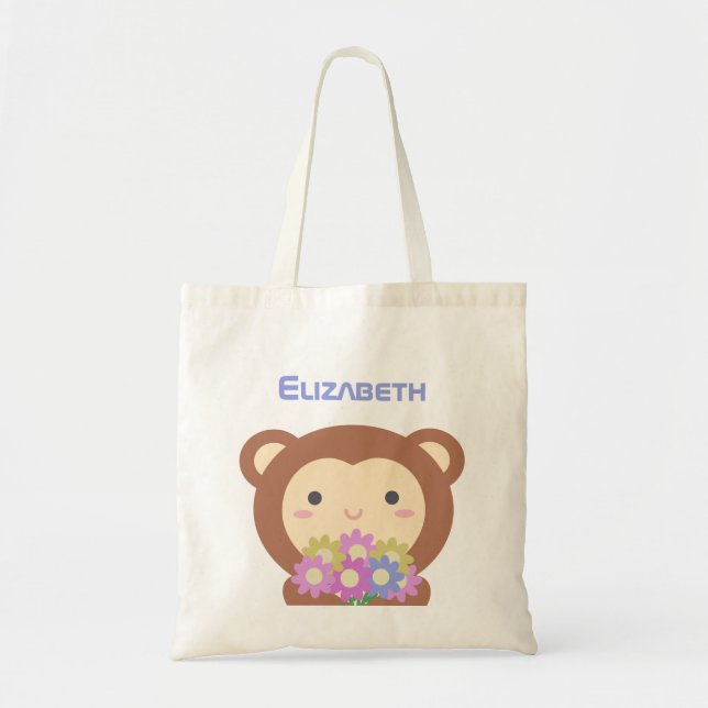 Cute Kawaii Monkey and Flowers Purple Pink Name Tote Bag (Front)