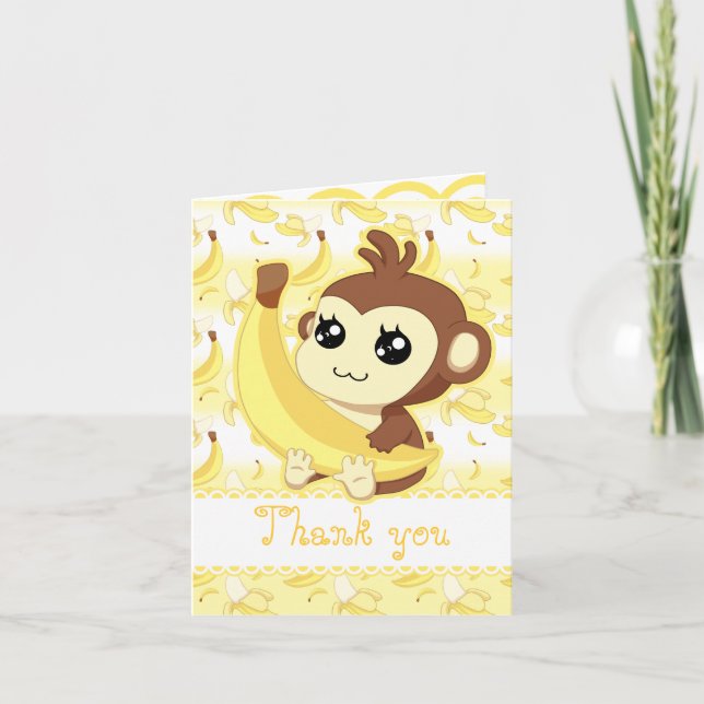 Cute Kawaii monkey holding banana birthday Thank You Card (Front)