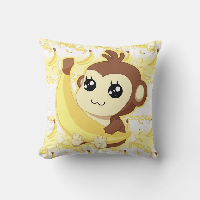 Cute Kawaii monkey holding banana Cushion (Front)