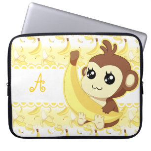 Cute Kawaii monkey holding banana monogram Laptop Sleeve