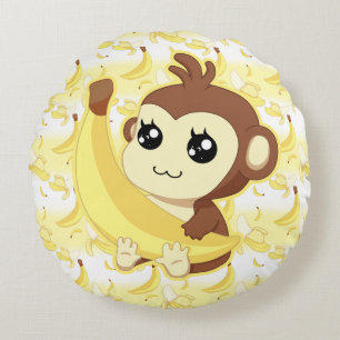 Cute Kawaii monkey holding banana Round Cushion