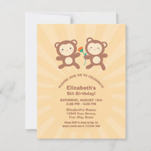 Cute Kawaii Monkey Kids Birthday Party Invitation