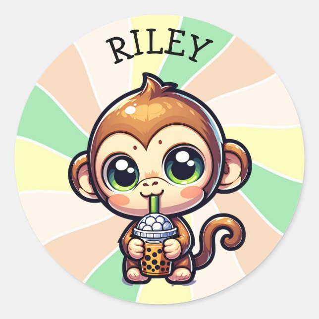 Cute Kawaii Monkey with Bubble Tea Personalised Classic Round Sticker (Front)