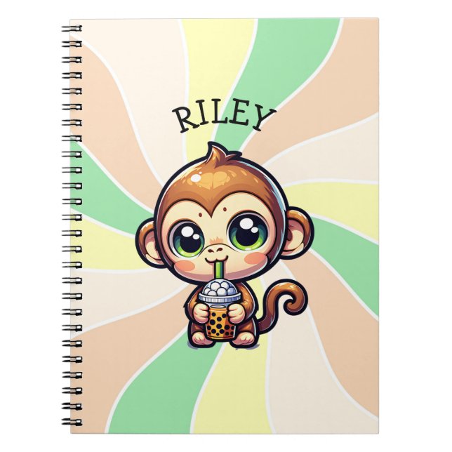 Cute Kawaii Monkey with Bubble Tea Personalised Notebook (Front)