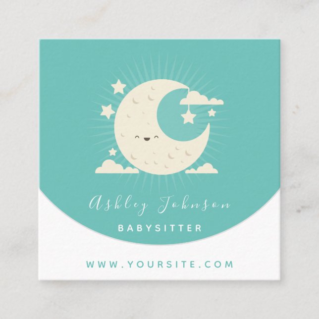 Cute Kawaii Moon Babysitter Childcare Social Media Square Business Card (Front)