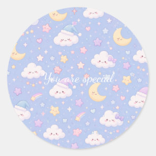 Cute Kawaii Moon & Clouds Pattern Dreamy Pastel Classic Round Sticker