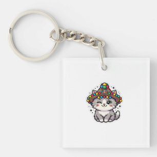 Cute Kawaii Moroccan Amazigh Cat Woven Hat Pom-Pom Key Ring