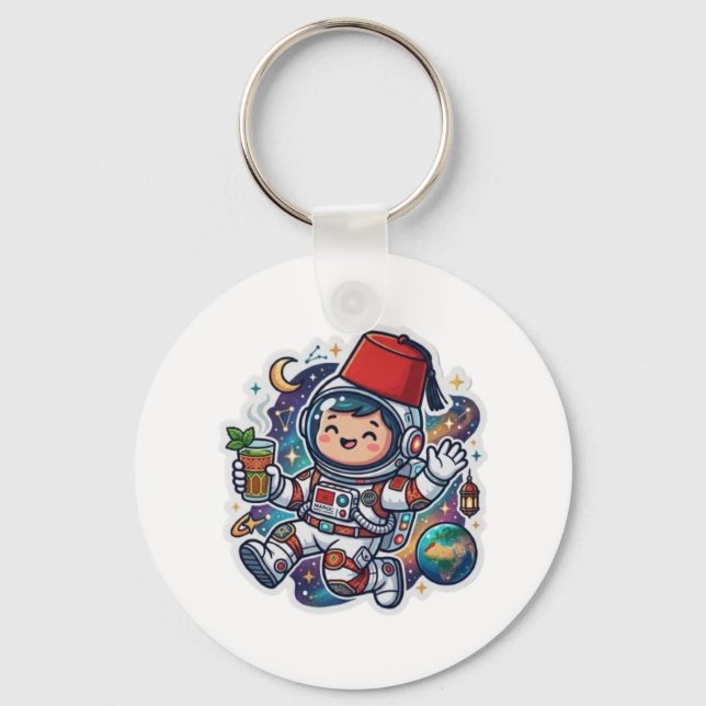 Cute Kawaii Moroccan Astronaut Mint Tea FezSticker Key Ring (Front)