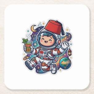 Cute Kawaii Moroccan Astronaut Mint Tea FezSticker Square Paper Coaster