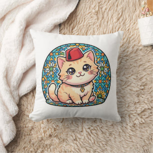 Cute Kawaii Moroccan Cat with Red Tarboush Fez Hat Cushion