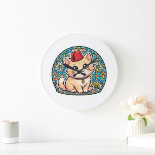 Cute Kawaii Moroccan Cat with Red Tarboush Fez Hat Large Clock