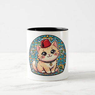 Cute Kawaii Moroccan Cat with Red Tarboush Sticker Two-Tone Coffee Mug