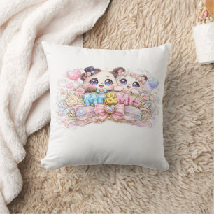 Cute Kawaii Mr and Mrs Panda Couple Pastel Pink We Cushion