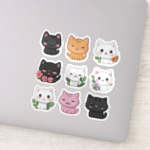 Cute Kawaii Multicolor Floral Cat Sticker Set