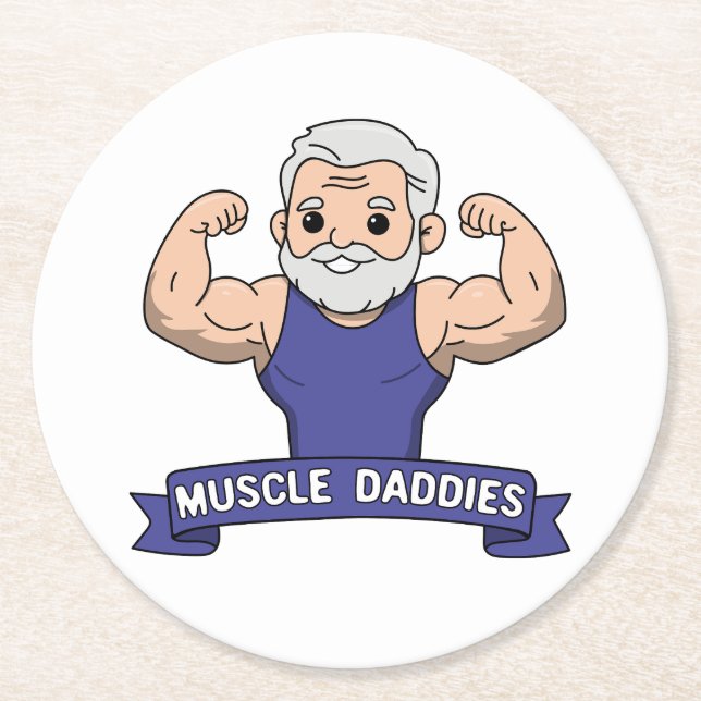 Cute Kawaii Muscle Daddy Bearded Bodybuilder Round Paper Coaster (Front)