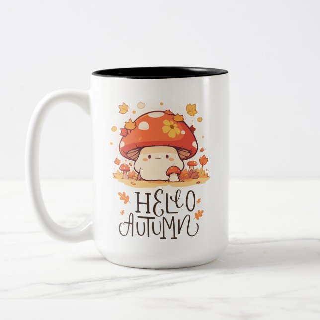 Cute kawaii Mushroom Hello Autumn  Two-Tone Coffee Mug (Left)