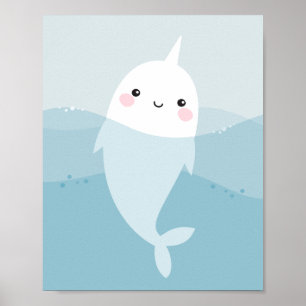 Cute kawaii narwhal swimming in soft blue waves poster