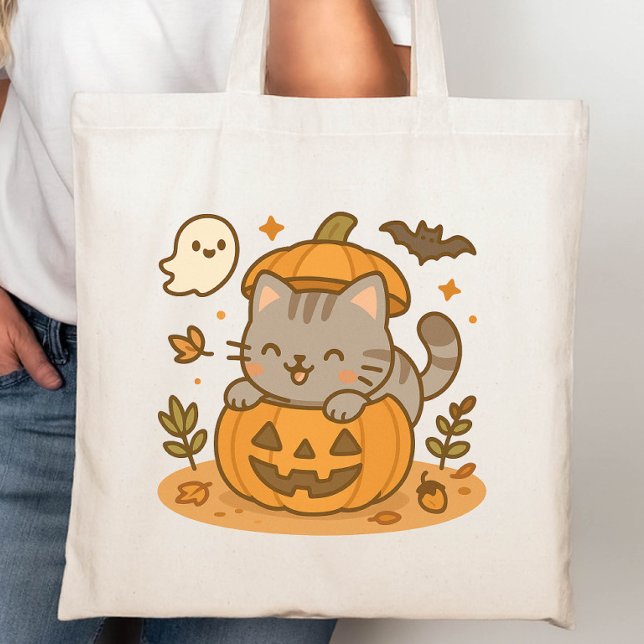 Cute Kawaii Naughty Cat Halloween Pumpkin  Tote Bag (Creator Uploaded)