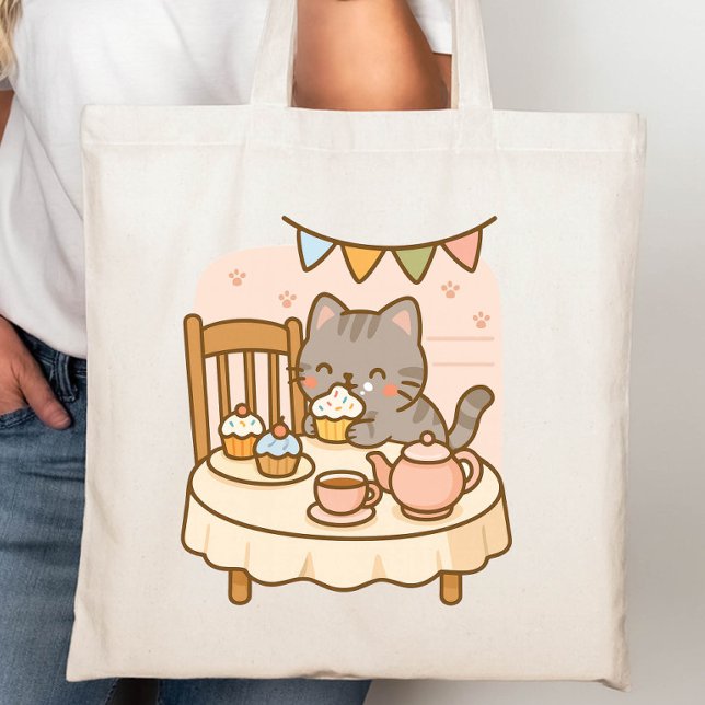Cute Kawaii Naughty Cat Stealing a Cupcake Tote Bag (Creator Uploaded)