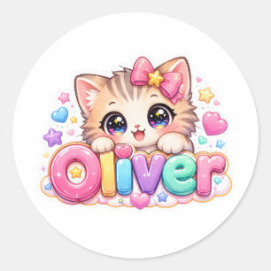 Cute Kawaii Oliver Cat Name Pastel Pink Sparkling Classic Round Sticker