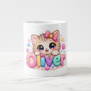 Cute Kawaii Oliver Cat Name Pastel Pink Sparkling Large Coffee Mug